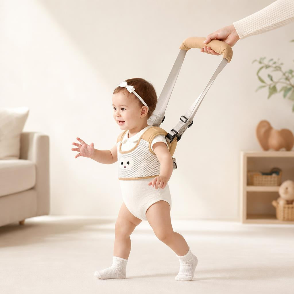 Parent helping a baby walk with the Pasyu harness in lift mode